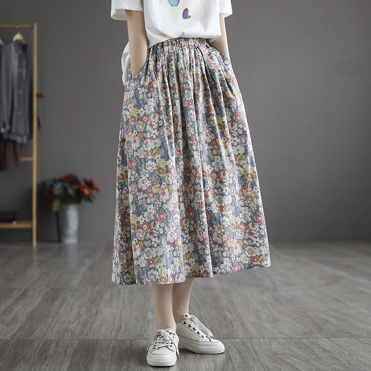 Literary Pleated Elastic Waist Floral A-Line Skirt
