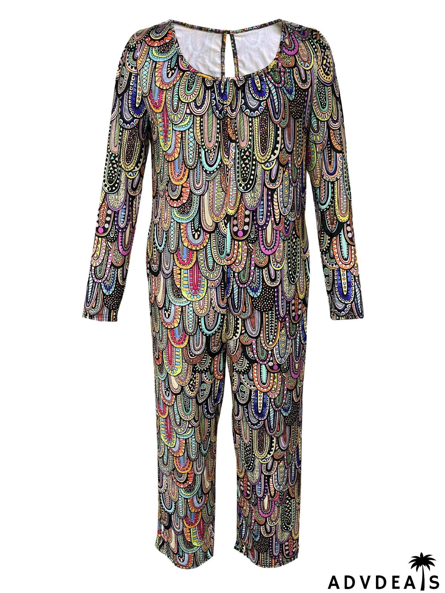 Women Print Casual Round Neck Loose Long Sleeve Jumpsuit