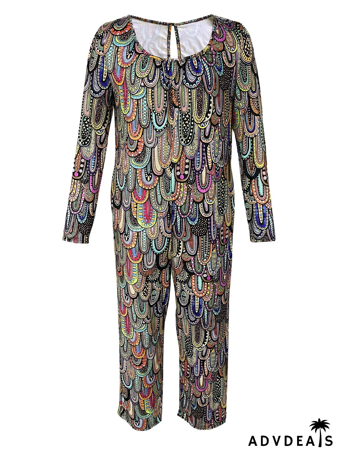 Women Print Casual Round Neck Loose Long Sleeve Jumpsuit