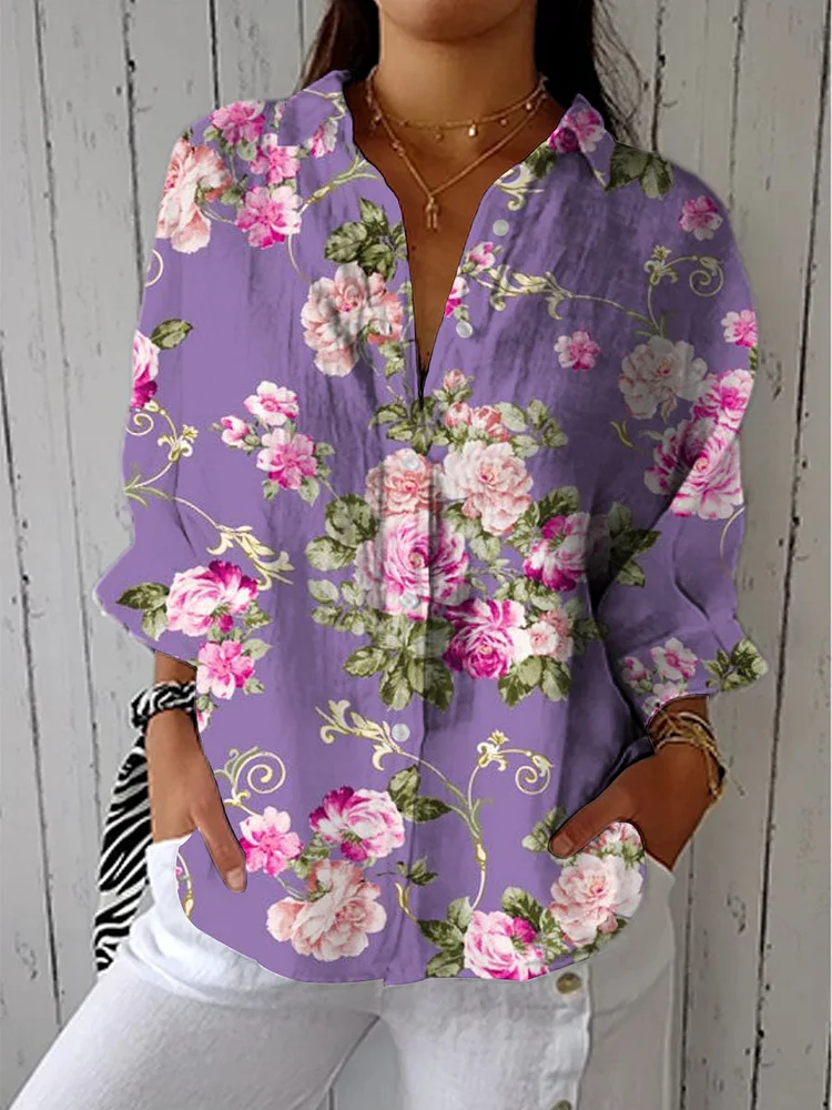Women's Vintage Floral Art Print Casual Cotton Linen V-neck Shirt
