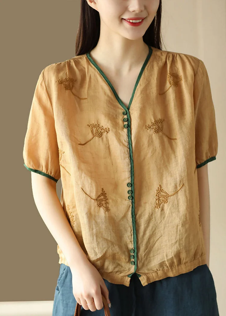 Vintage Yellow V Neck Embroideried Patchwork Linen Top Summer