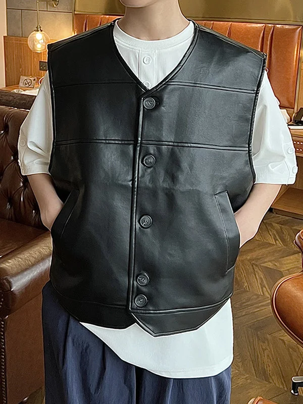 Aonga - Mens Solid PU Leather Button Front Waistcoat K