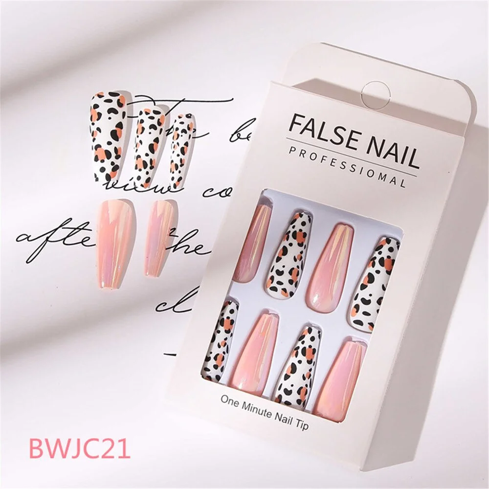 24 Pcs Long Design Ballet Coffin Fake Nails Sequins False Nail Artificial Plastic Press On False Nail Tips Manicure Nail Art