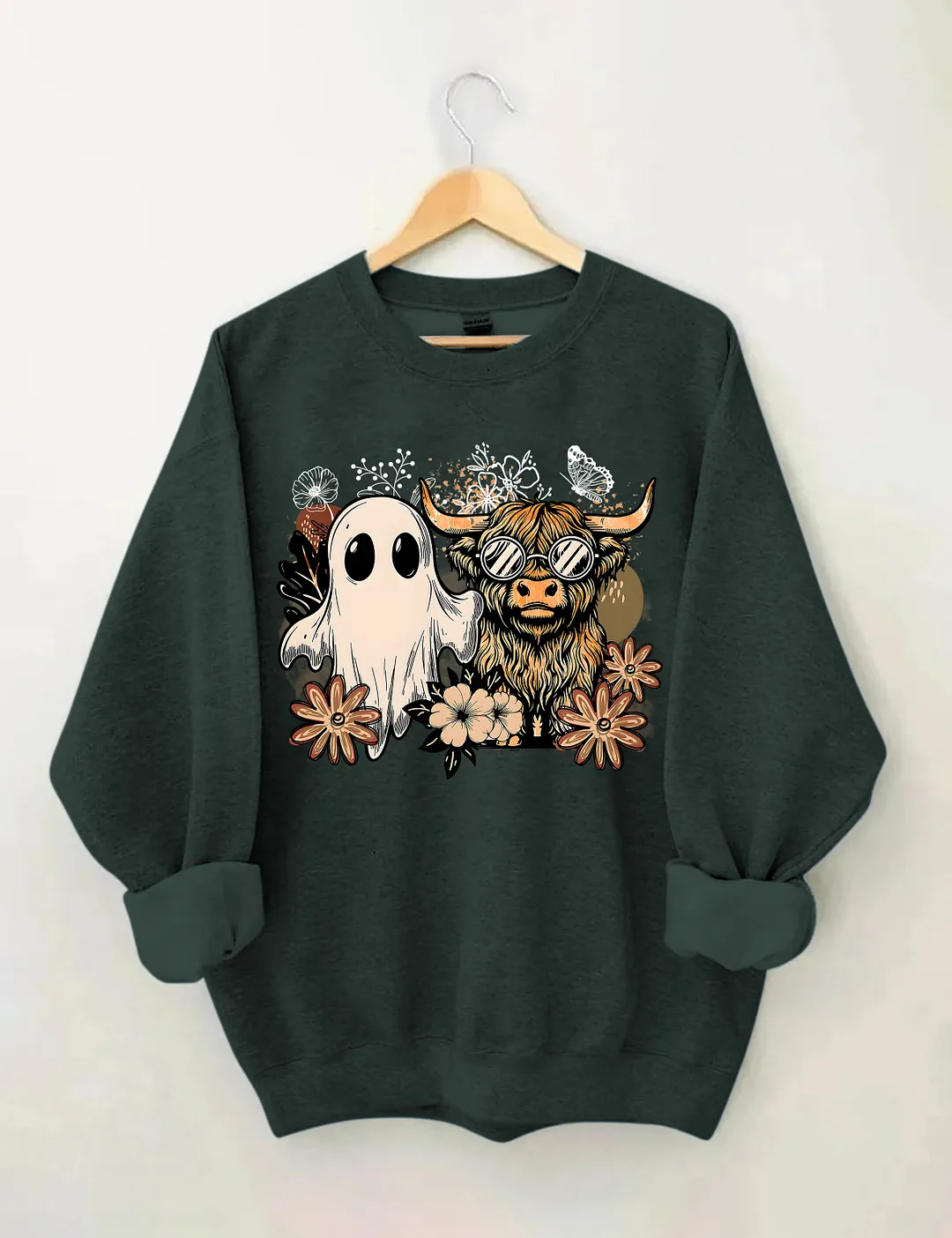 Ghost And Highland Cow With Flowers Sweatshirt