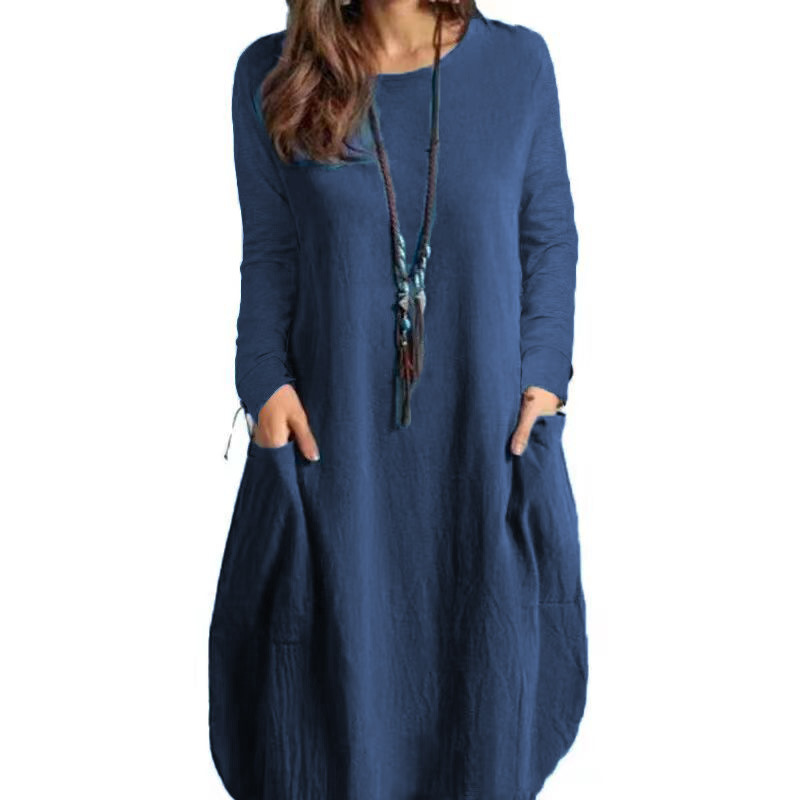 Fashion Cotton Linen Pocket Solid Color Casual Loose Long Sleeve Vintage Dress