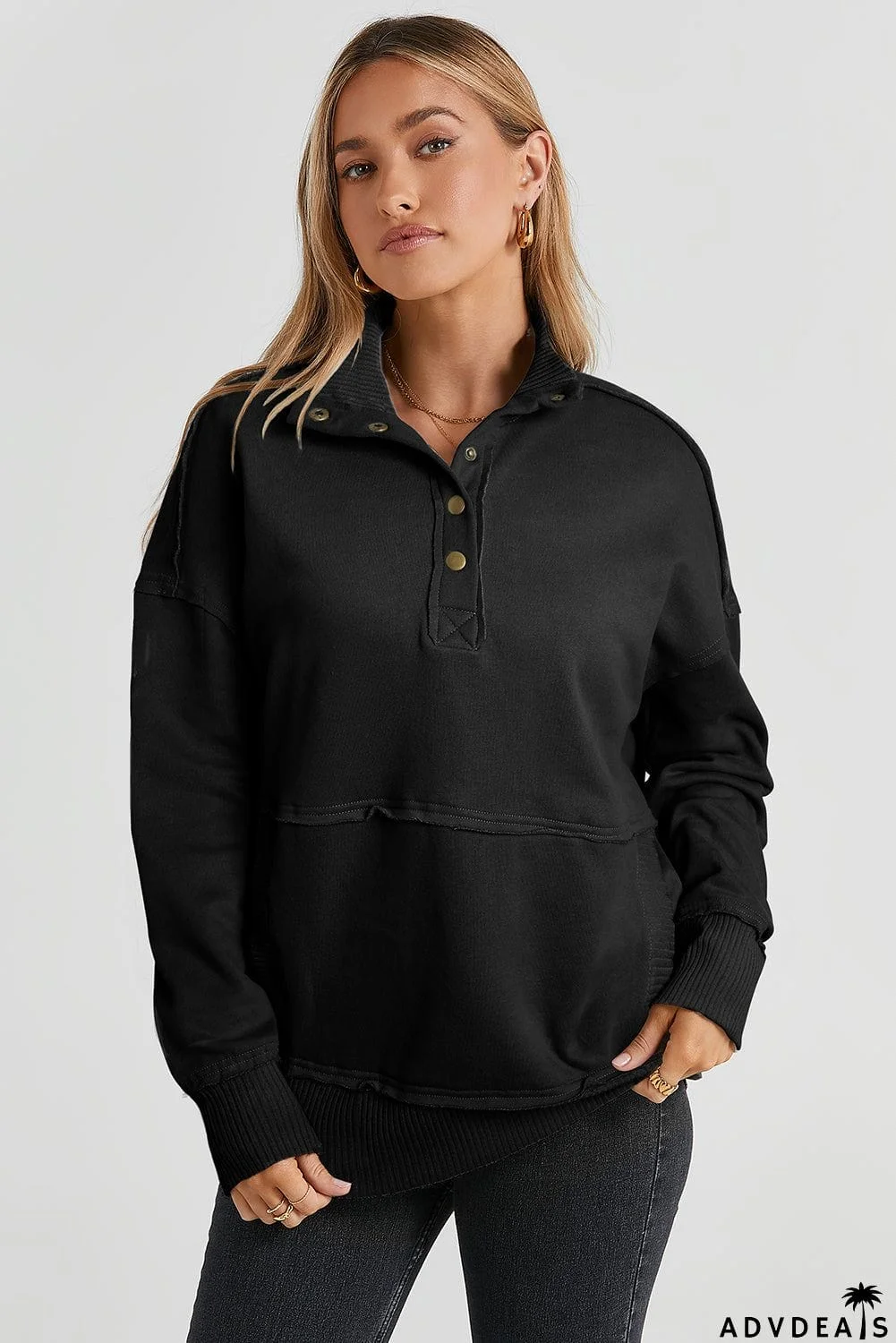 Half Snap Drop Shoulder Long Sleeve Sweatshirt