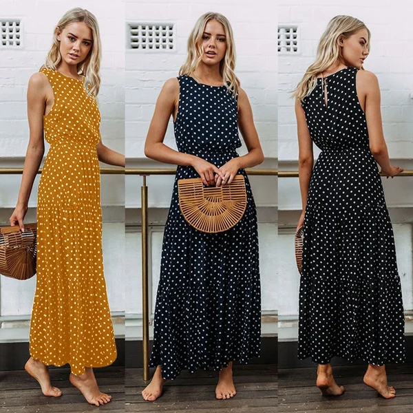 Holiday Summer Women Boho Sleeveless Maxi Polka Dot Dress Casual Beach Long Dress