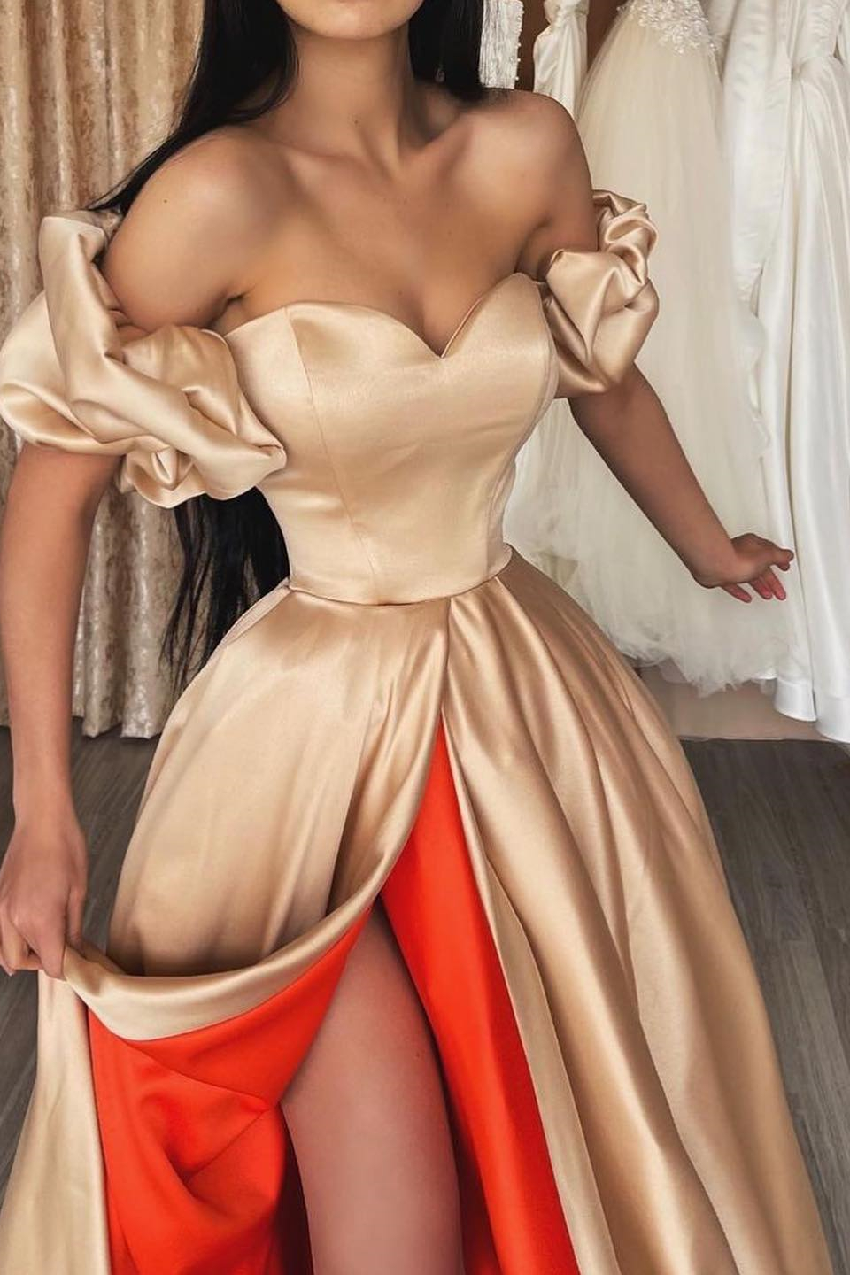 Off-the-shoulder Sweetheart Sheath Front Split Dress with Bows Prom Drerss/Formal Wear Dresses