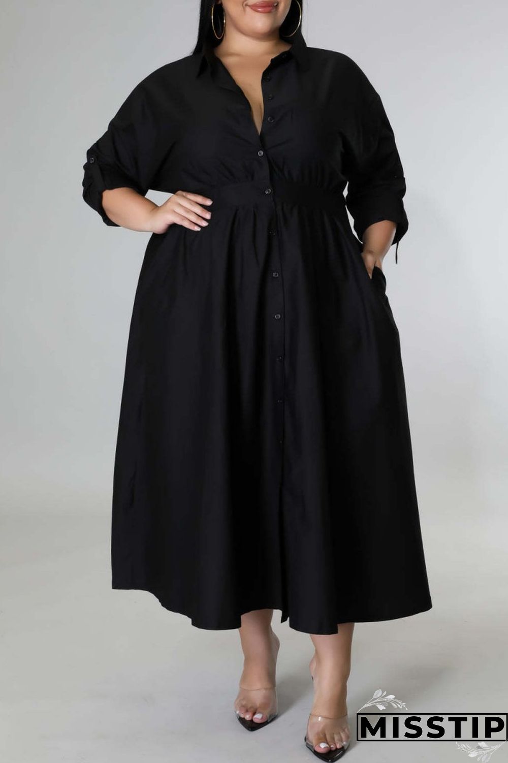 Blue Casual Solid Patchwork Turndown Collar Shirt Dress Plus Size Dresses