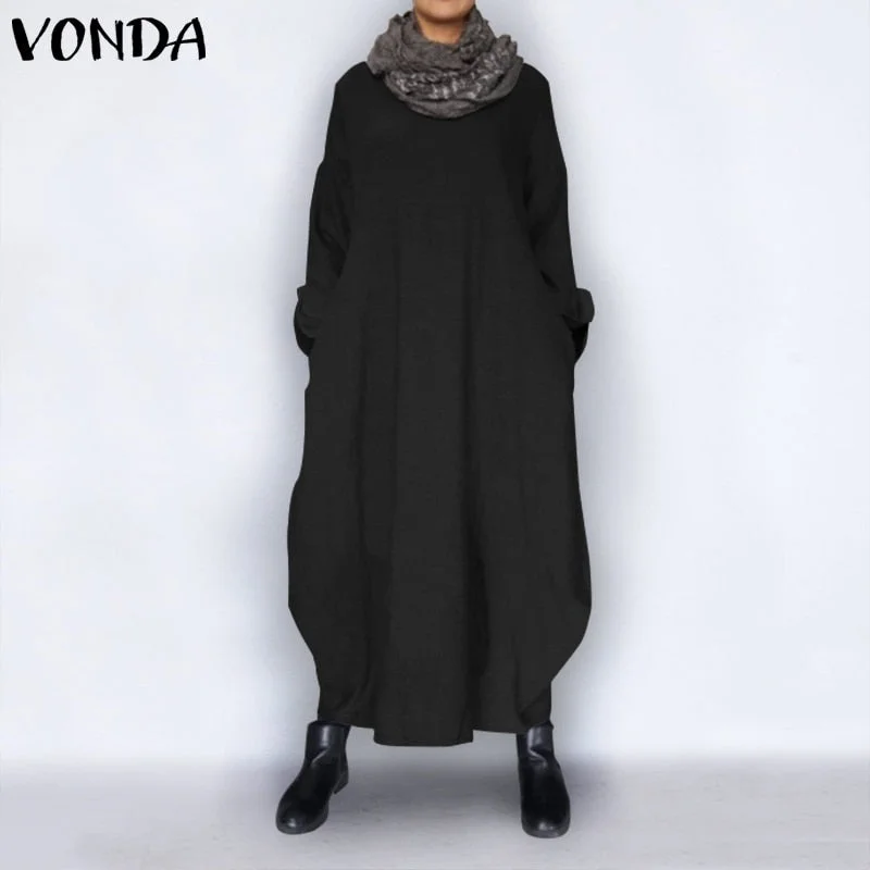 VONDA  Autumn Dress 2022 Vintage Sexy Long Sleeve Party Maxi Long Dress Casual Loose Vestidos Sundress Robe Femme
