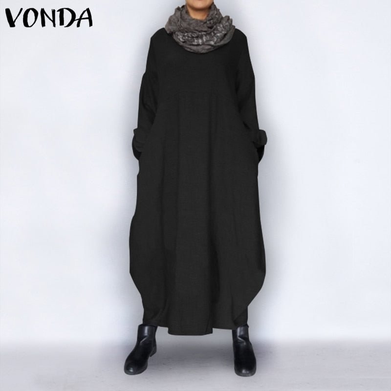 VONDA  Autumn Dress 2022 Vintage Sexy Long Sleeve Party Maxi Long Dress Casual Loose Vestidos Sundress Robe Femme