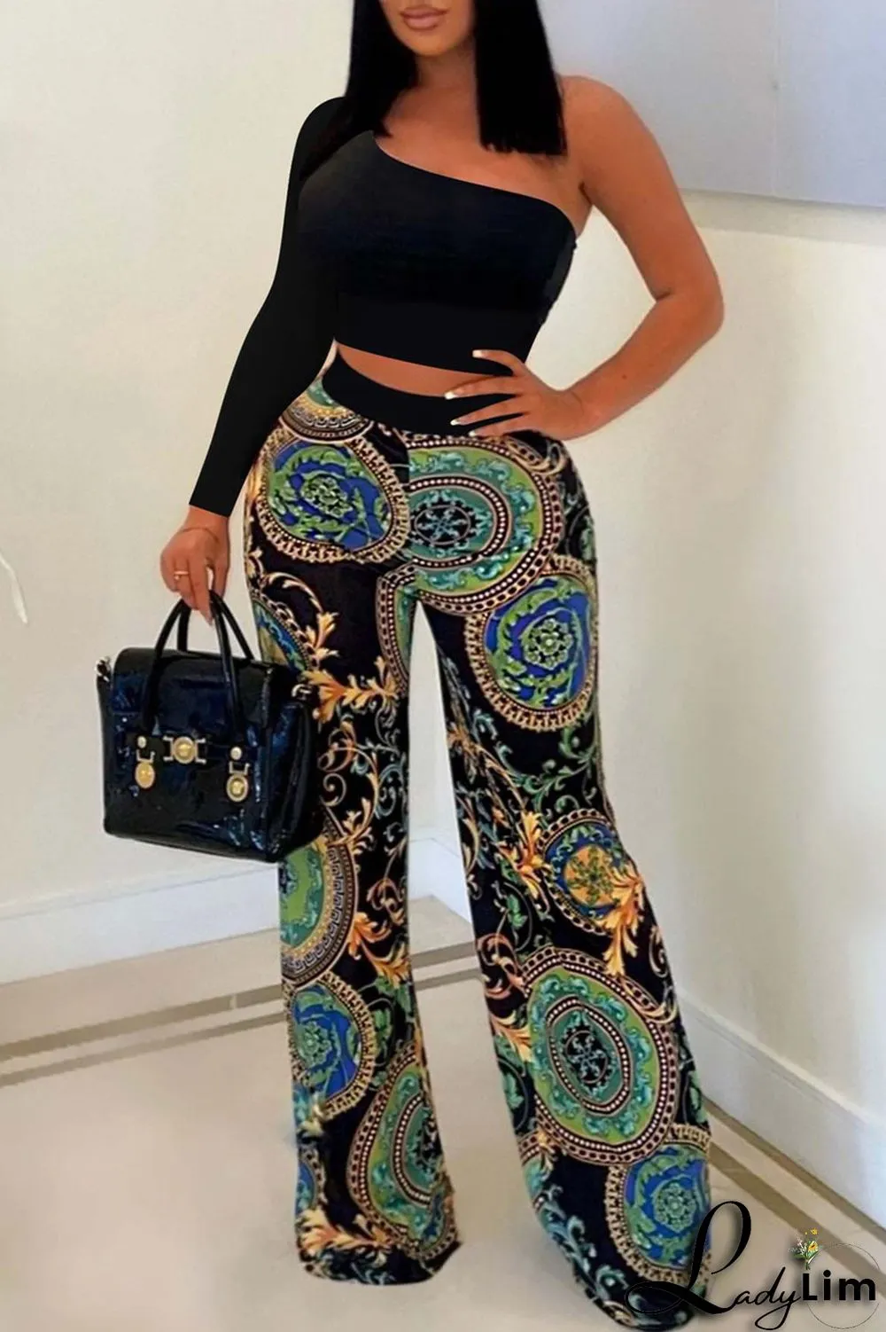 Sky Blue Fashion Casual Print Patchwork Backless Oblique Collar Long Sleeve Two Pieces