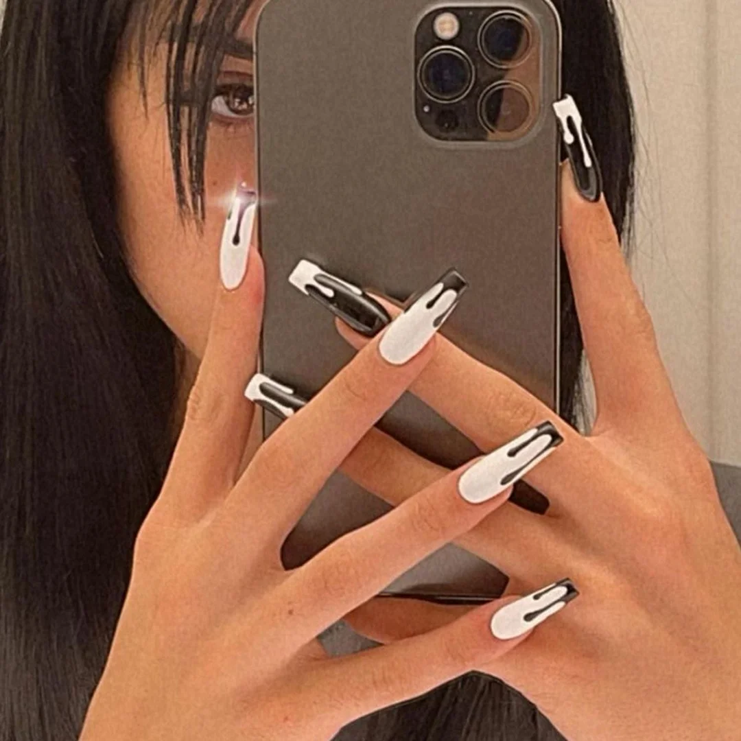 24Pcs Rainbow Fake Nails With Designs Extra Long Coffin Ballerina False Nails Press On Nails Manicure Tool Nail Tips Accessory