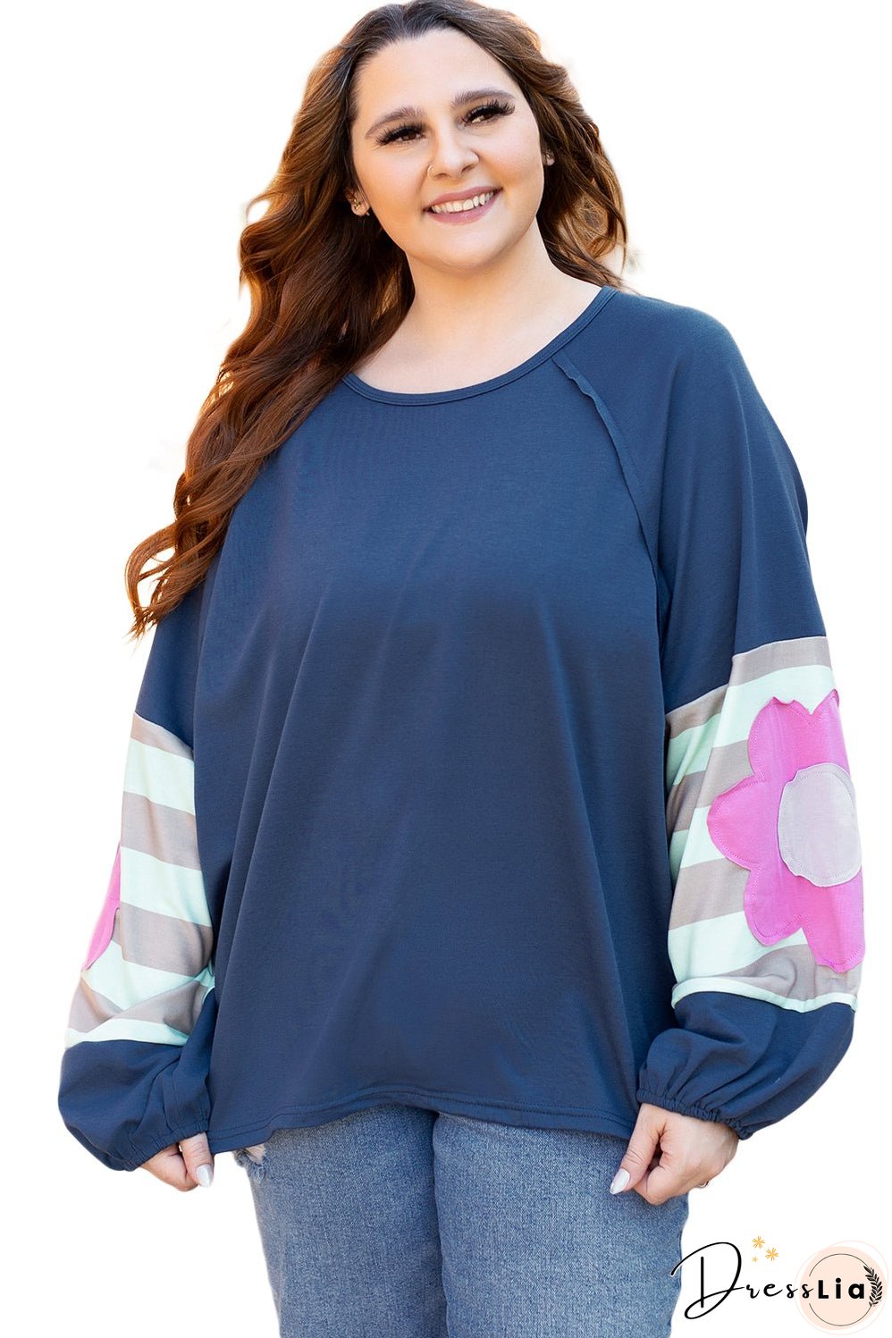 Sail Blue Flower Patchwork Raglan Sleeve Exposed Seam Oversized Top