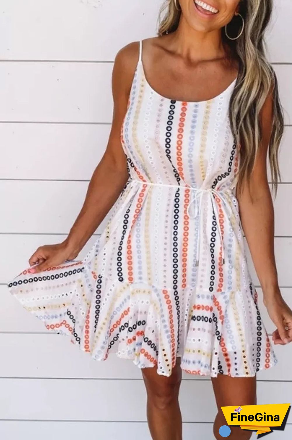 Spaghetti Strap Print White Knee Length Dress