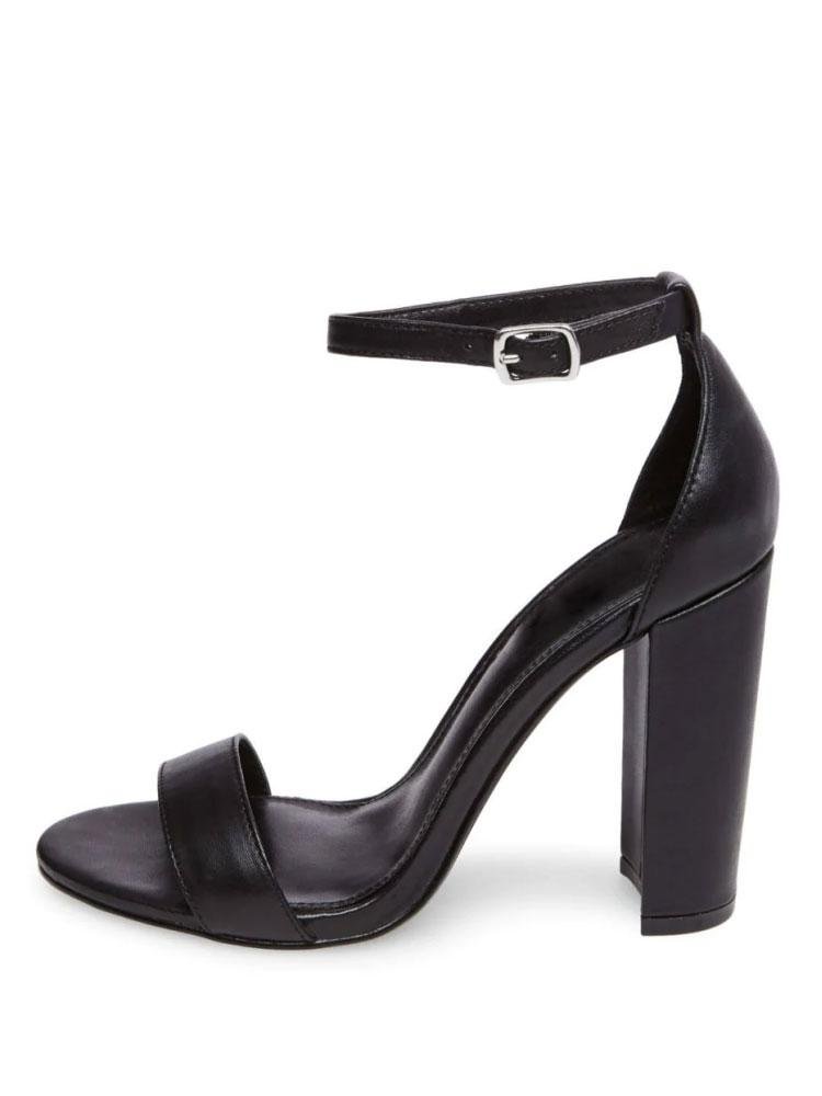 Black Ankle Strap Almond Toe Buckle Block Heel Sandals