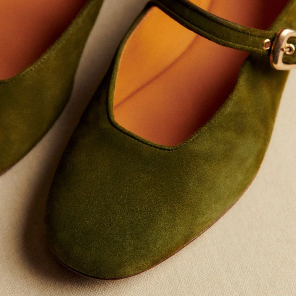 Olive Round Toe Flat Single Buckle Strap Mary Jane Shoes for Women