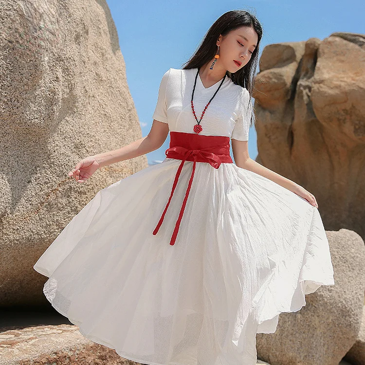 Simple Solid Color Cotton And Linen V-Neck Midi Dress - yankia