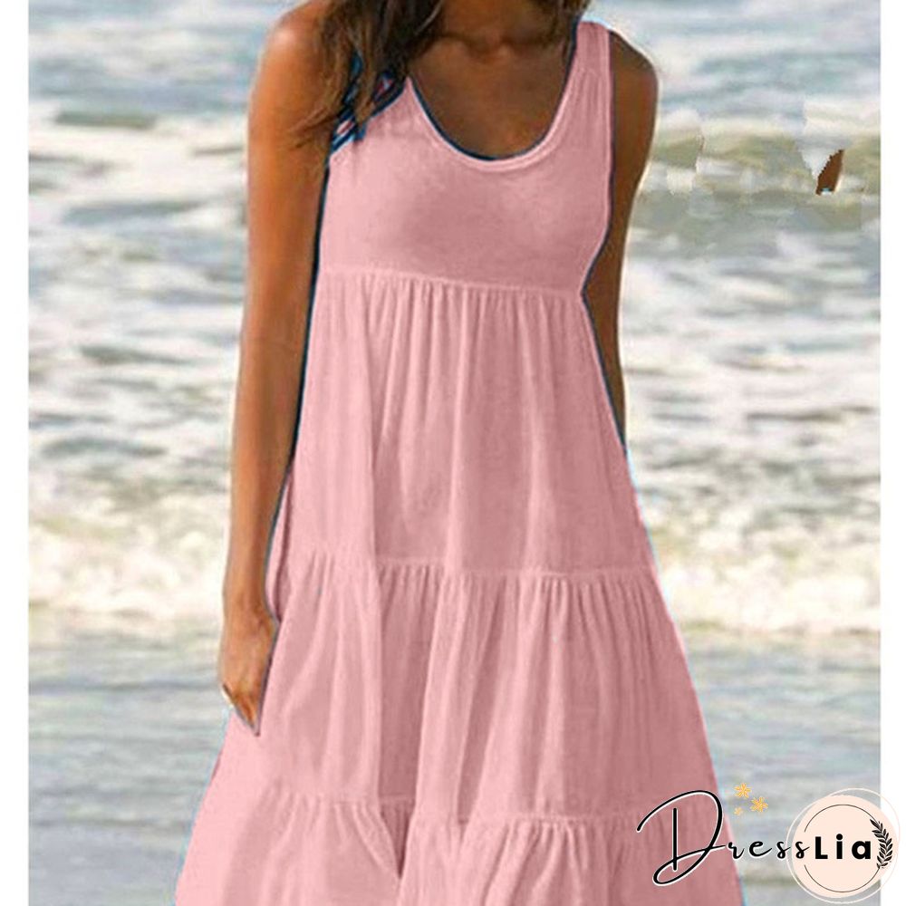 XS-8XL Summer Dresses Plus Size Fashion Clothes Women's Casual Sleeveless Party Beach Wear Loose Dresses Solid Color A-line Skirt Cotton Round Neck Off Shoulder Dress Ladies Pleated Halter Mini Dress Tank Top Dresses