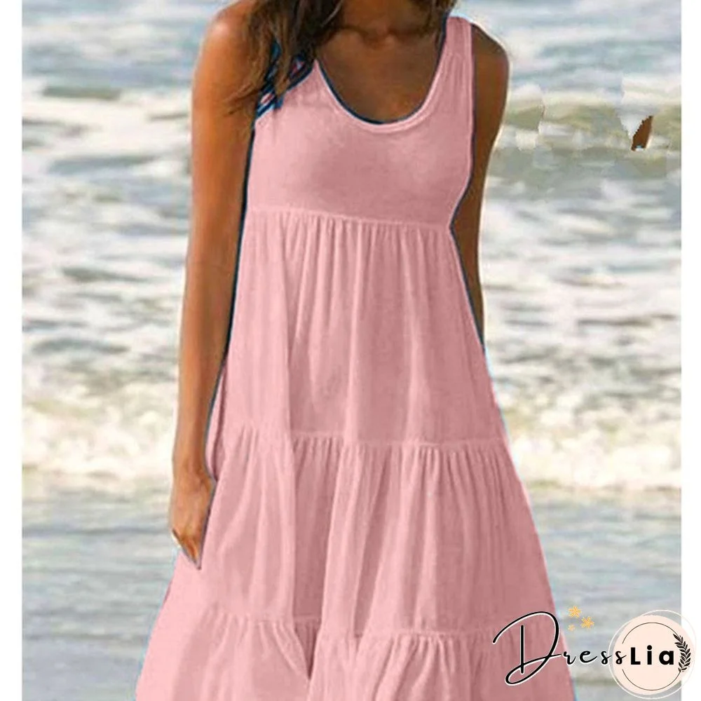 XS-8XL Summer Dresses Plus Size Fashion Clothes Women's Casual Sleeveless Party Beach Wear Loose Dresses Solid Color A-line Skirt Cotton Round Neck Off Shoulder Dress Ladies Pleated Halter Mini Dress Tank Top Dresses