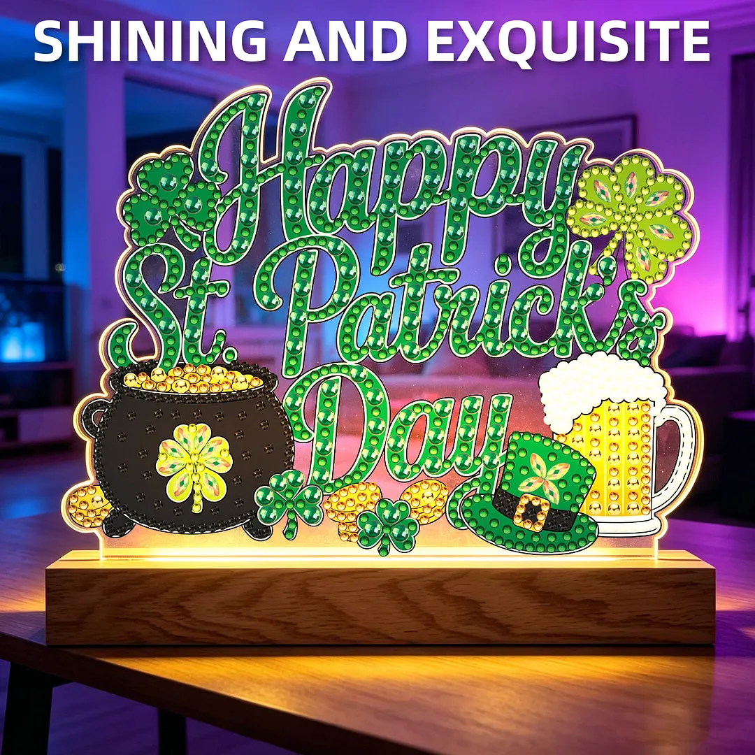 Saint Patrick DIY Acrylic Diamond Painting Night Light for Adults Beginner Diamond Art Table Lamp with Wooden Base for Woman Man Desk Bedroom Tabletop Decor