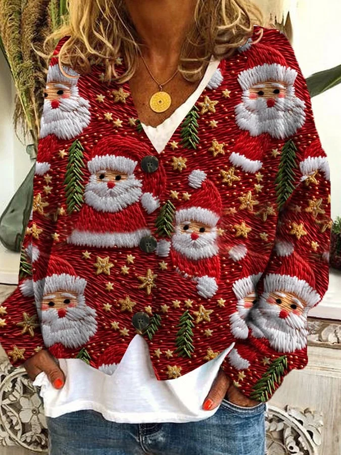 Christmas Print Casual Loose Buttoned Flannel Cardigan