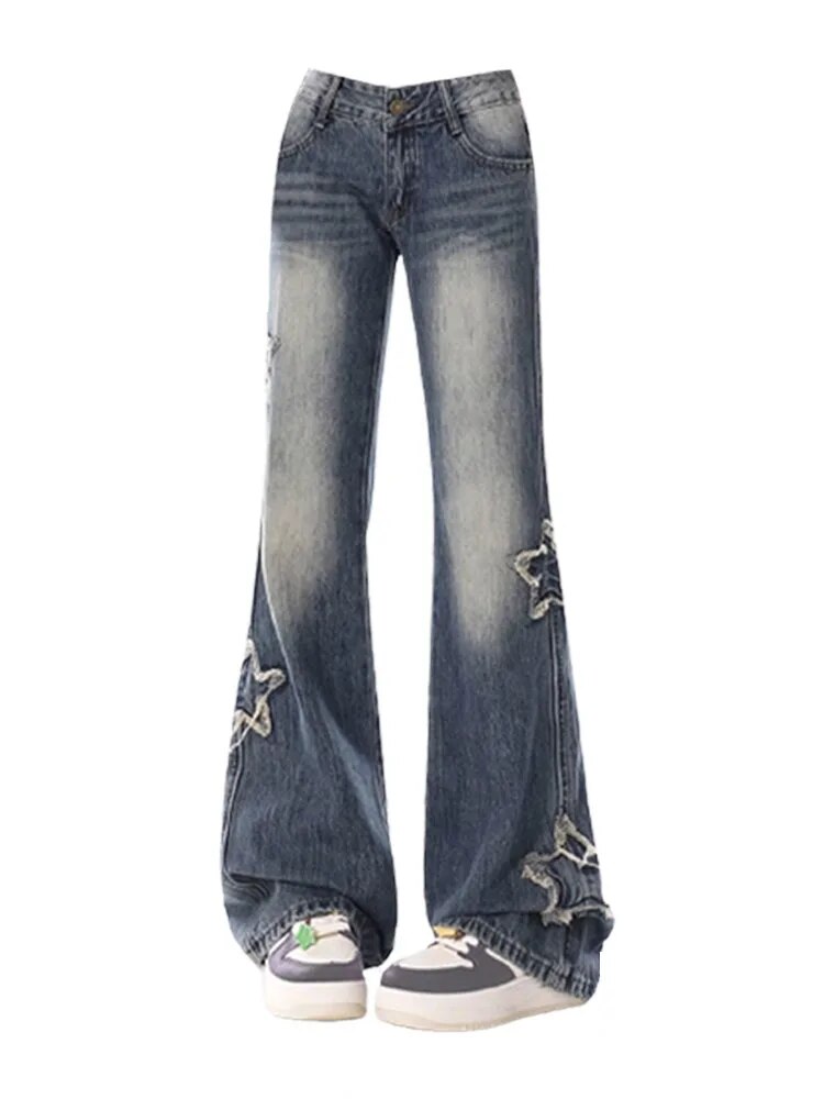 Wimaskel American Retro Y2K Flare Jeans Star Embroidery Slim Women Fashion  Blue Bell Bottoms Hiphop High Street Denim Trousers Clubwear