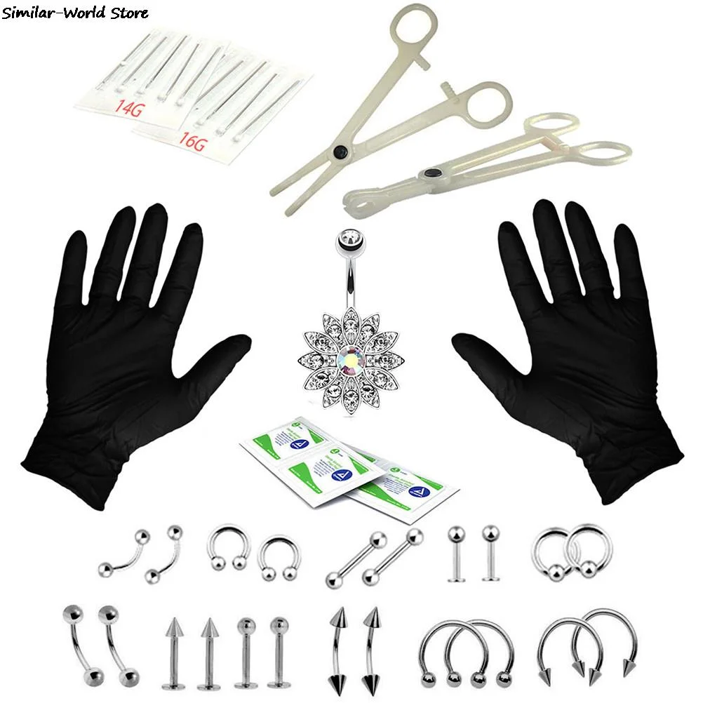 Body Piercing Kit With Needle Pack Nose Septum Belly Button Piercing Tool Kit Ear Tragus Nipple Eyebrow Labret Pircing Set Clamp