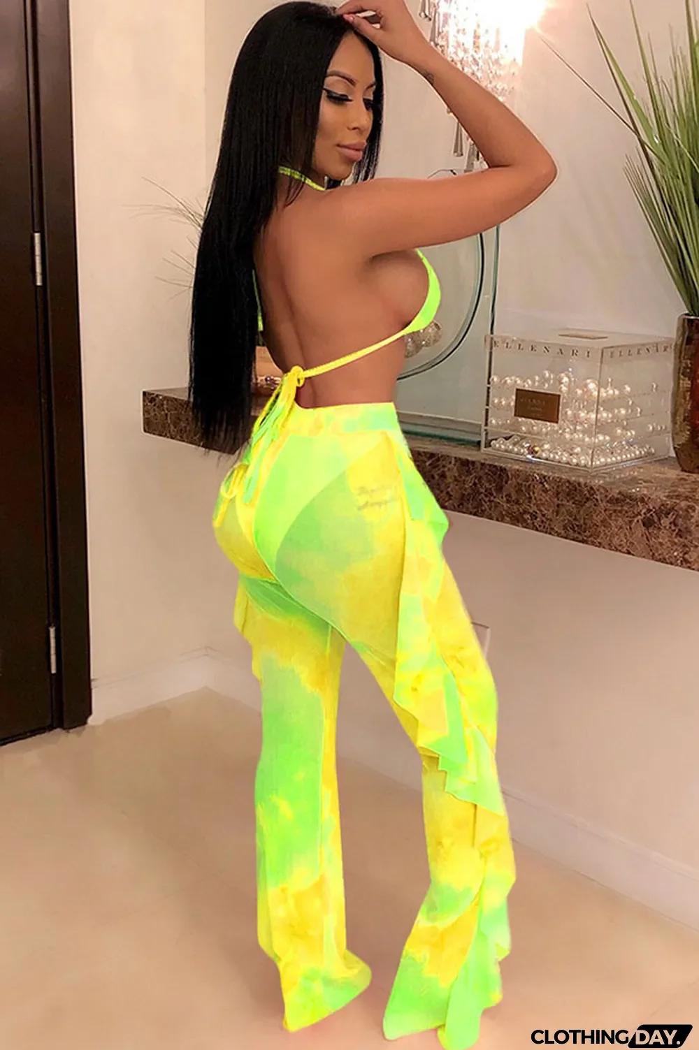 Yellow Polyester Sexy Fashion Stringy selvedge Print Tie Dye Patchwork Loose Sleeveless