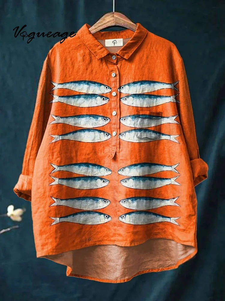 Simple Lines Fish Print Cotton And Linen Shirt
