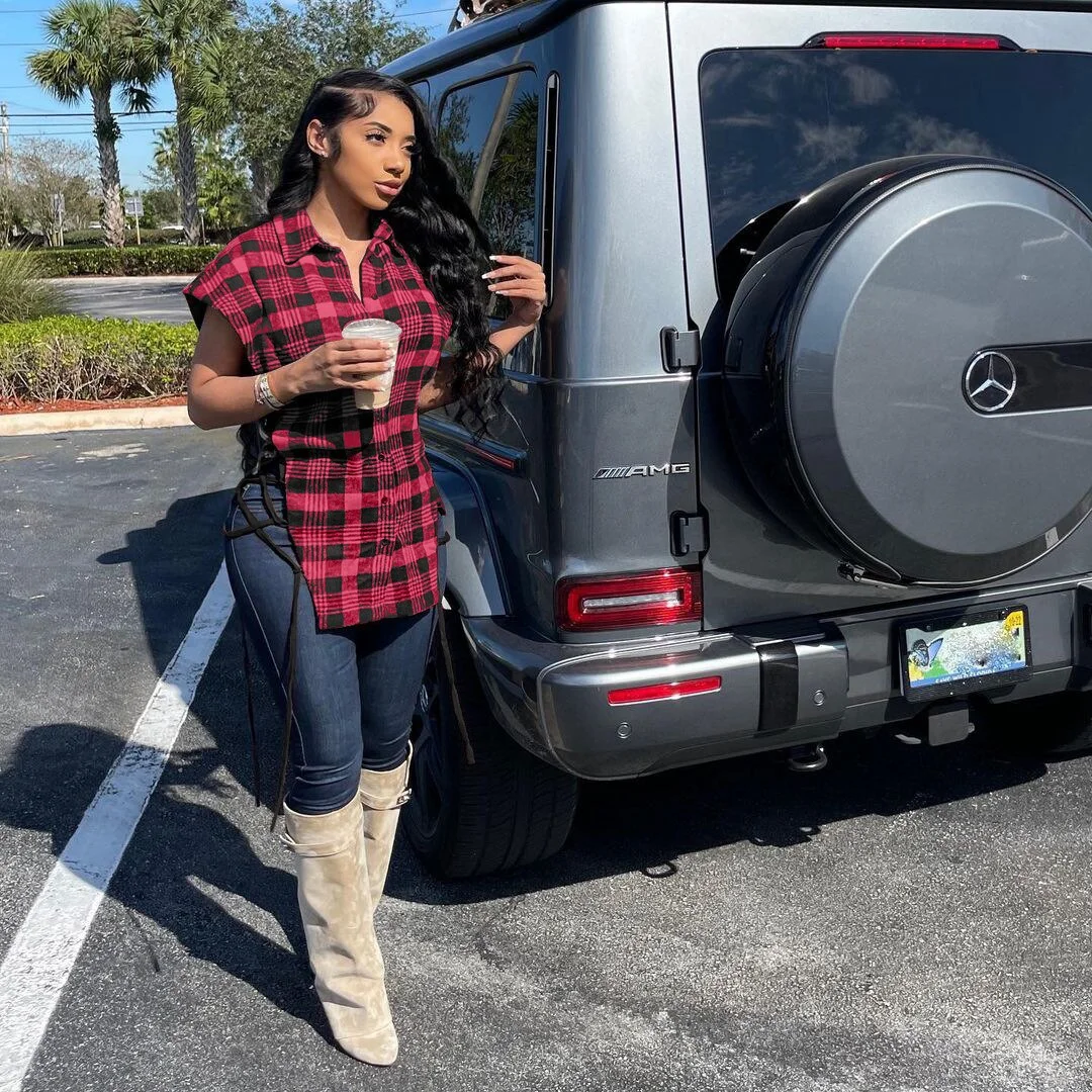 CM.YAYA Women Plaid Lace Up Side Hollow Out Sexy Shirts Tops Elegant Streetwear Fashion Single Breasted Turn-down Neck Blouses