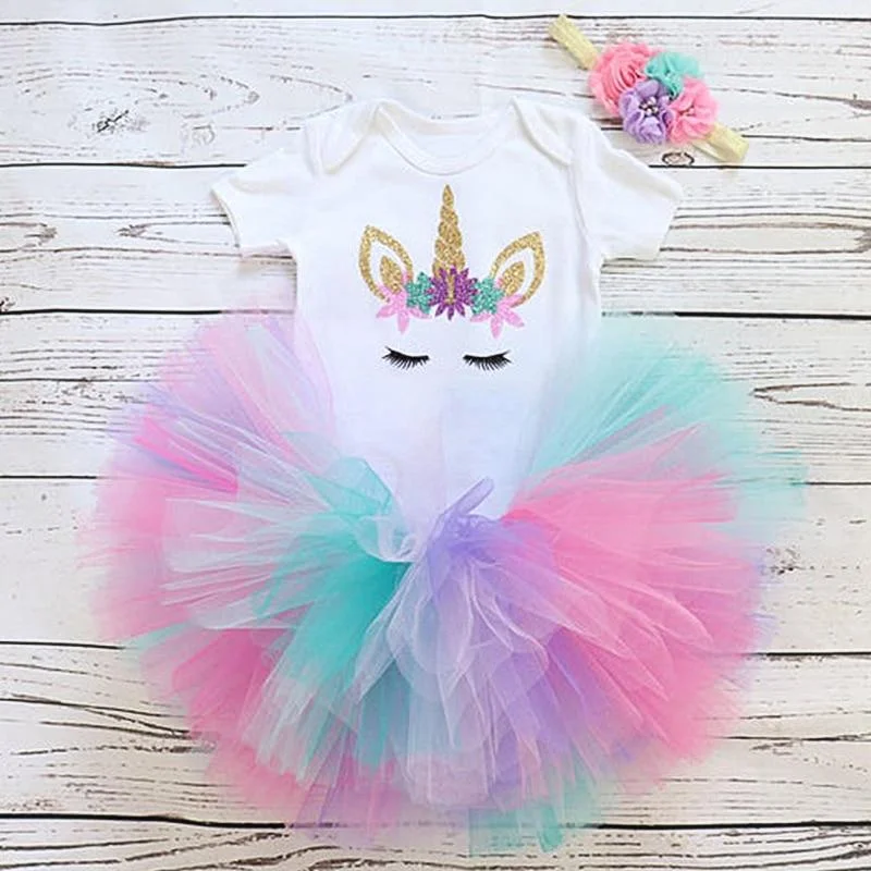 Flower Headband Short Sleeve Top and Tutu Dress Outfits 3pcs for 1 Year Baby Girls First Birthday Party Cotume Newborn Clothes