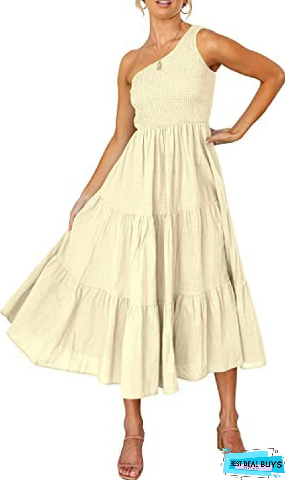 Solid Print Bohemian One Shoulder Sleeveless Dress