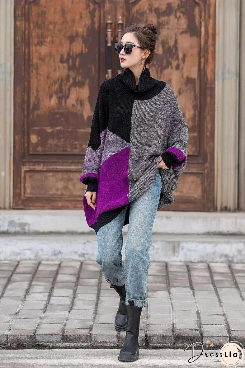 New Irregular Contrast Color O-Neck Collar Pullover Loose Fashion Womens Sweater Winter