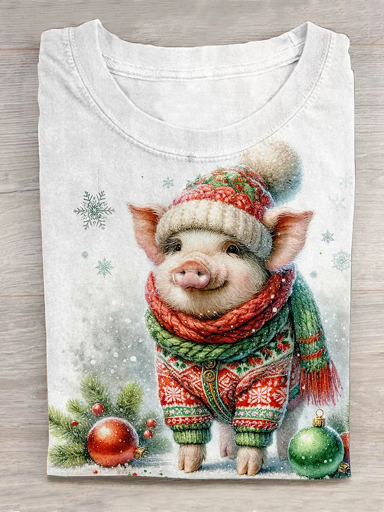 Cute Christma Pig Art Print Design T-shirt