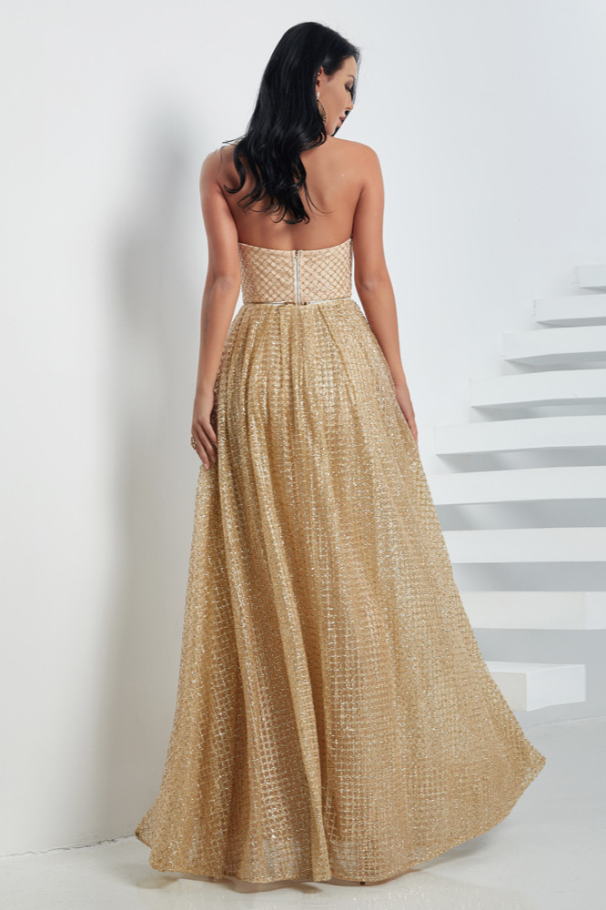 Luxurious Gold Strapless Sequins Prom Dress Long Overskirt