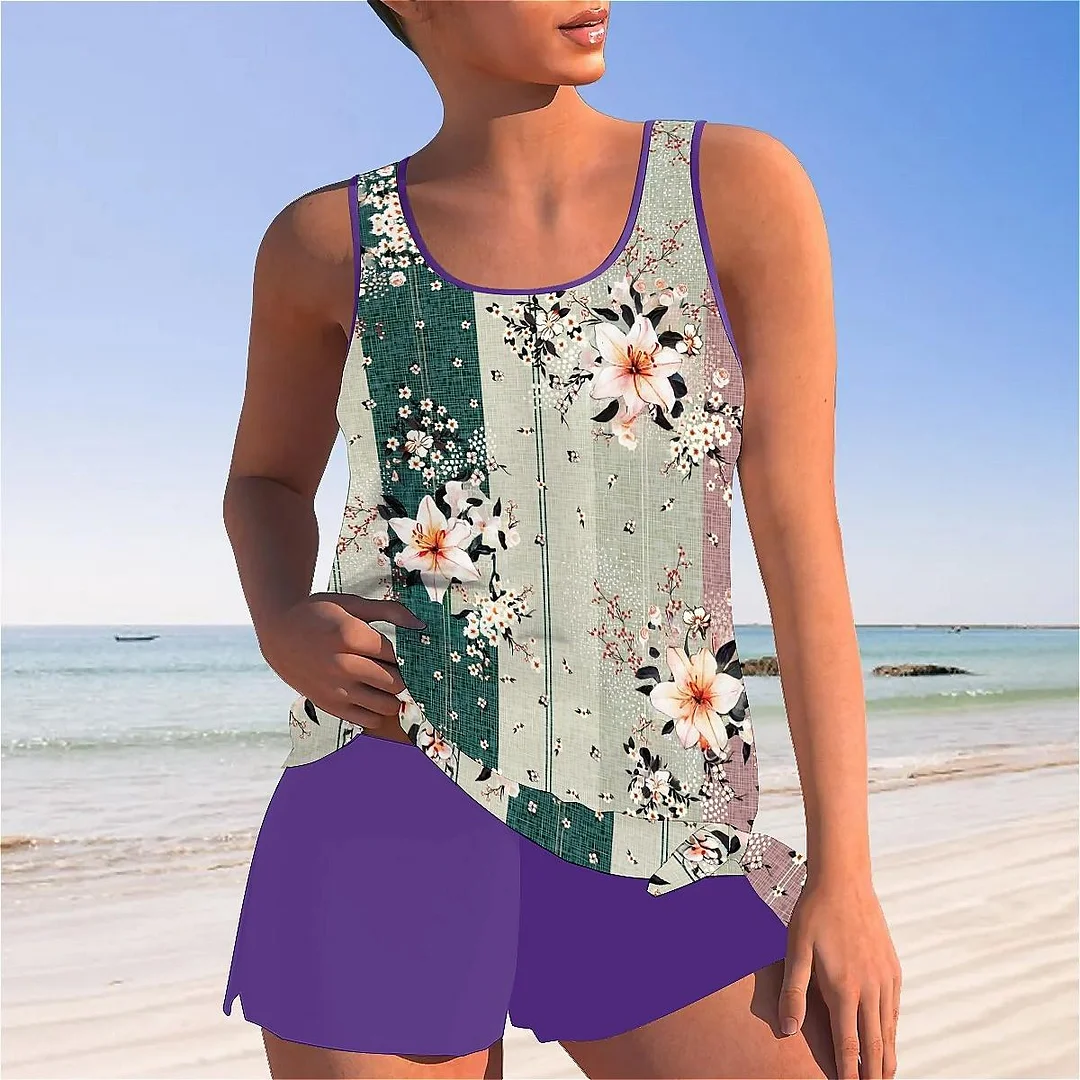 Bowknot Floral,Pink,Green,Stitch Mid Waisted Tankini Set - Plus Size Available