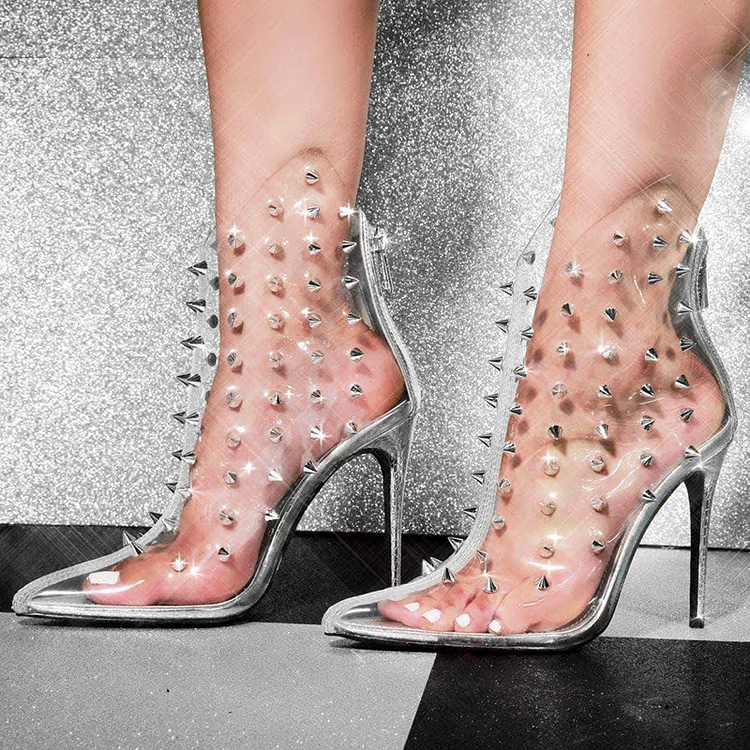 Silver Rivets Clear Shoes Pointed Toe Stiletto Heel Summer Sandal Booties Ankle Boots |FSJ Shoes