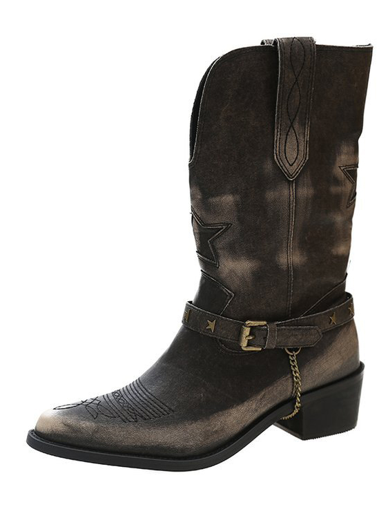 Color-brushed Western Cowboy Boots Pointed Toe Thick Heel Short Knight Boots