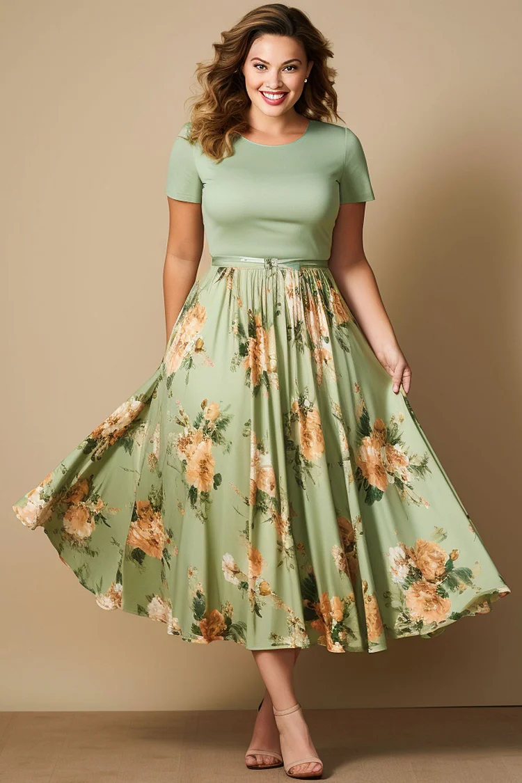 Flycurvy Plus Size Everyday Light Green Floral Print Pleated Tea-length Dress  Flycurvy [product_label]