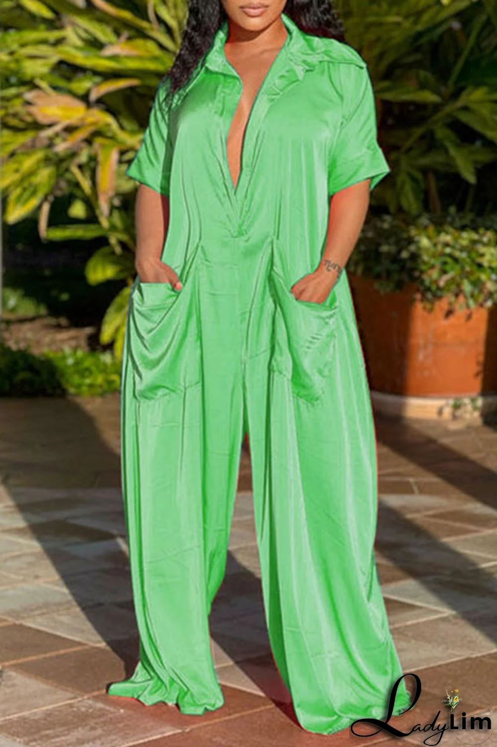 Green Casual Solid Patchwork Turndown Collar Loose Jumpsuits