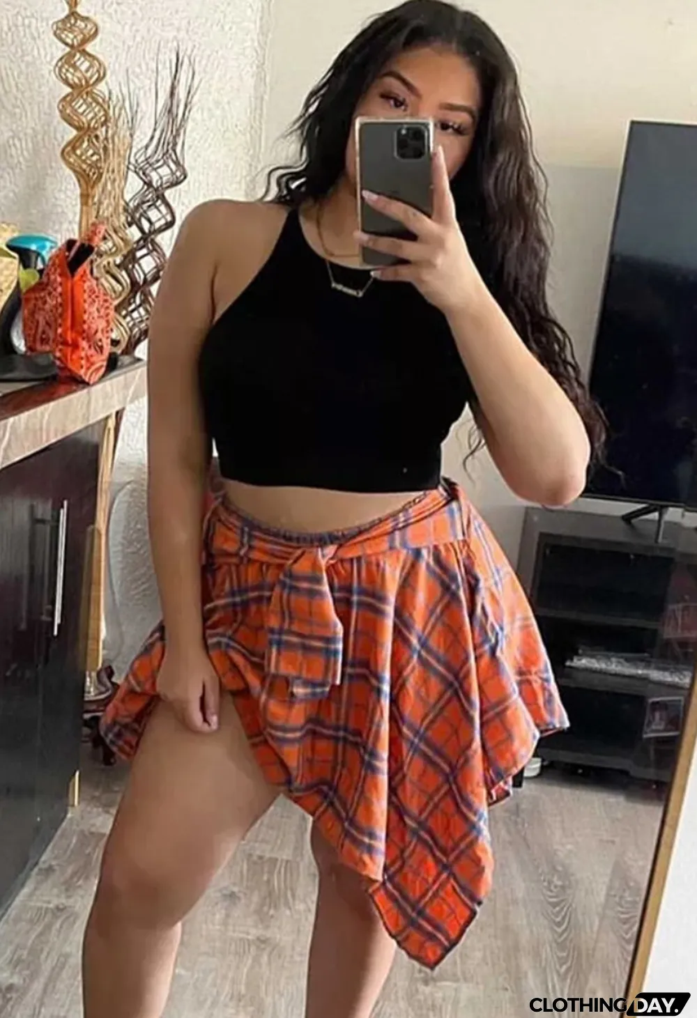 Women Summer Orange Preppy Style High Waist Plaid Print Belted Midi Asymmetrical Skirts