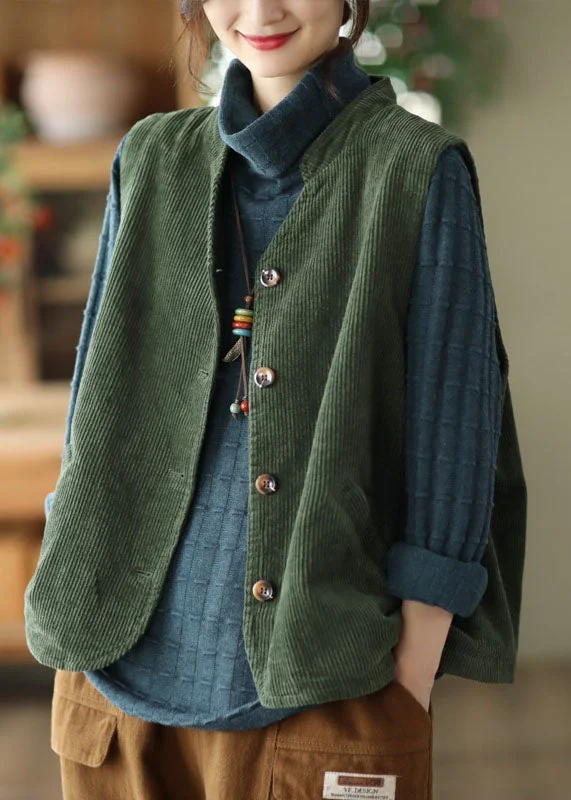 Boutique Green Stand Collar Solid Corduroy Vest Tops Spring