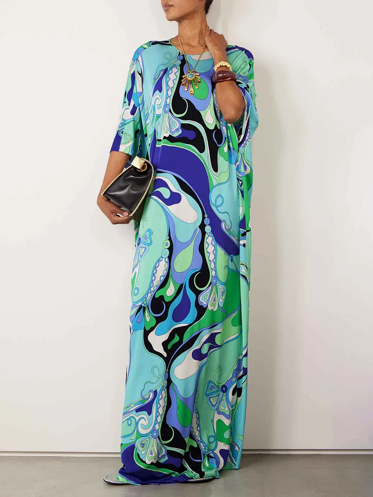 Unique Abstract Floral Print Robe Maxi Dress