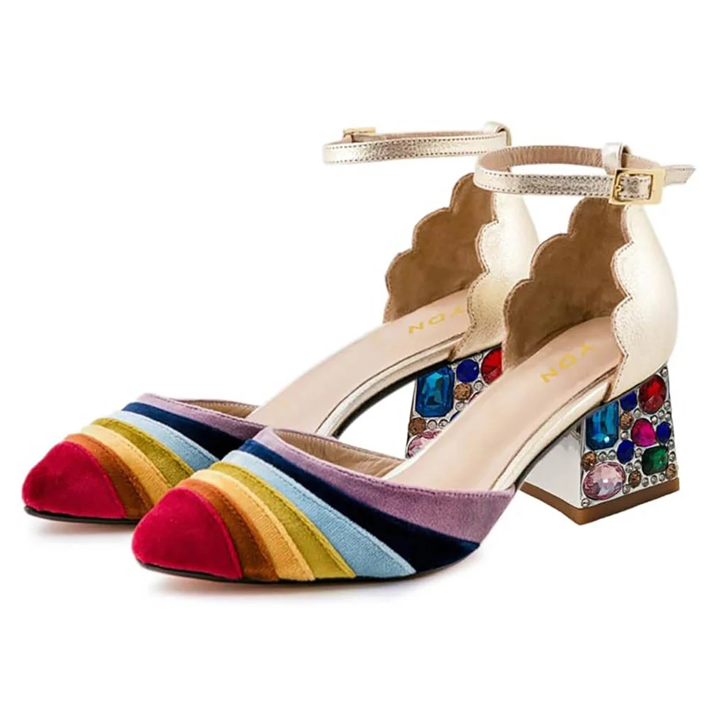 Multicolor Patchwork Ankle Strap Rhinestone Block Heel Pumps Shoes