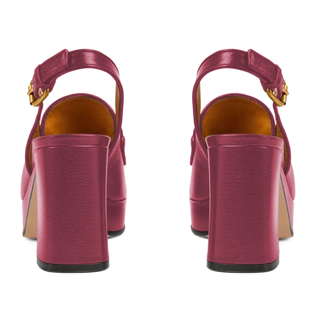 Dark Fuchsia Square Toe Chain Platform Chunky Heeled Loafers Women
