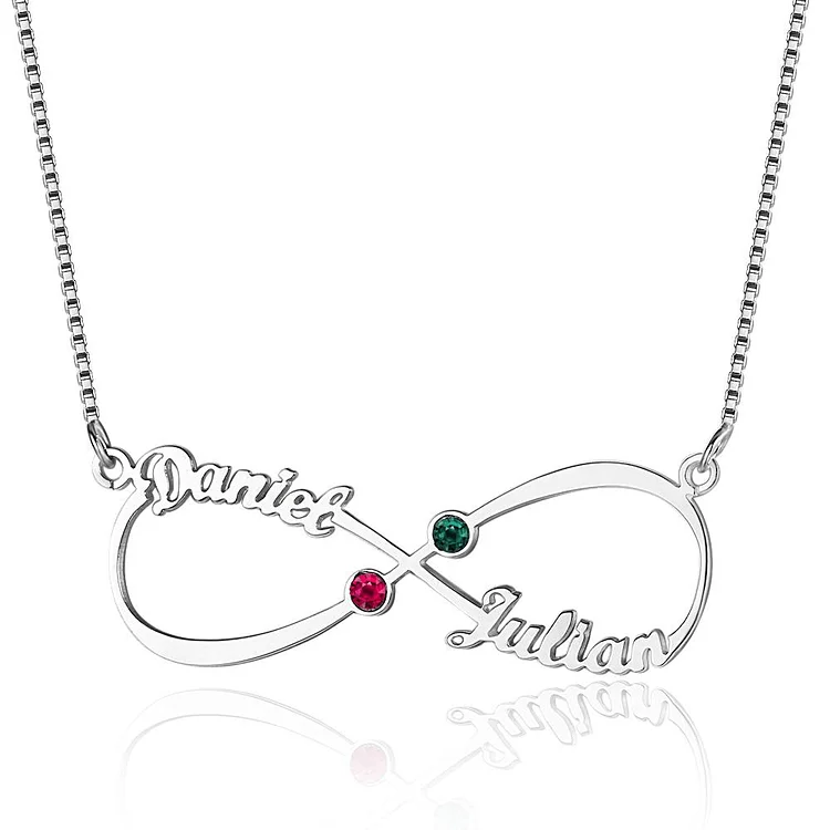 Infinity Necklace with 2 Birthstones Personalized Engraved 2 Name Love Forever
