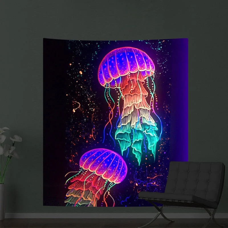 3m*1.8m Fluorescent Tapestry Psychedelic Mushroom Jellyfish Hanging Cloth Home Wall Decoration Glow Under Ultraviolet Light