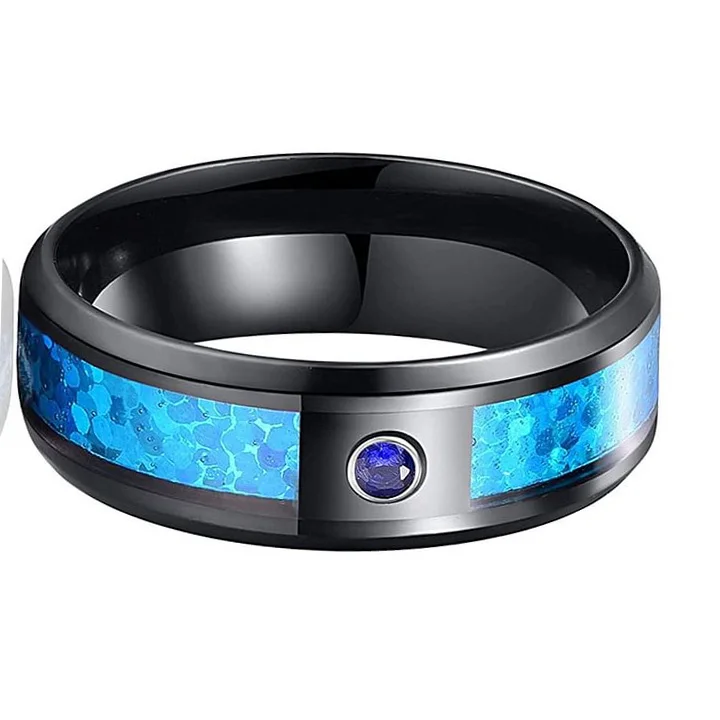 6MM 8MM Blue Purple Red Created Opal and Cubic Zirconia Inlay Black Tungsten Carbide Men's Wedding Bands