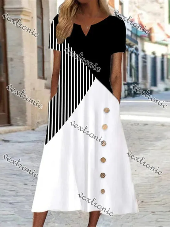 Women's V-Neck Short Sleeve Graphic Striped Midi Dress